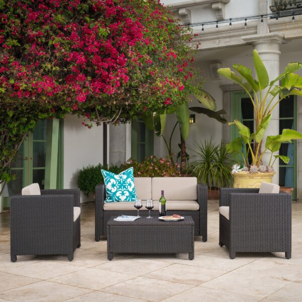 4 Piece Wicker Chat Set w/ Water Resistant Cushions & Cover - NH358003 - Image 4