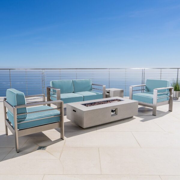 5 Piece Aluminum Chat Set with Water Resistant Cushions and Fire Pit - NH042303 - Image 3