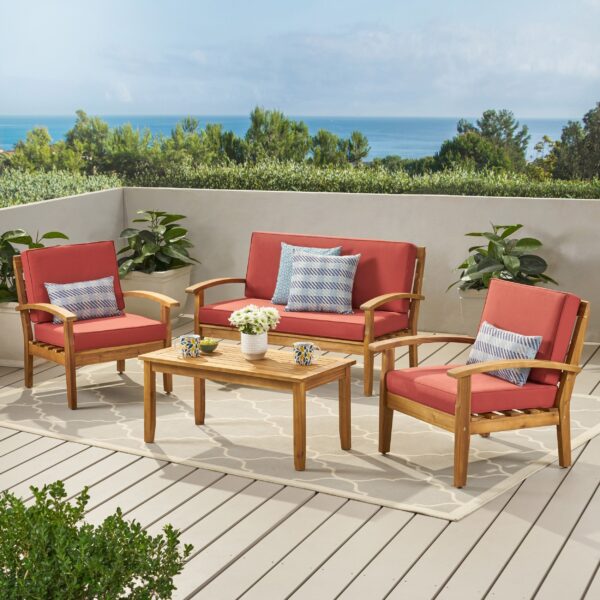 4 Pc Acacia Wood Chat Set w/ Water Resistant Cushions - NH501992 - Image 4