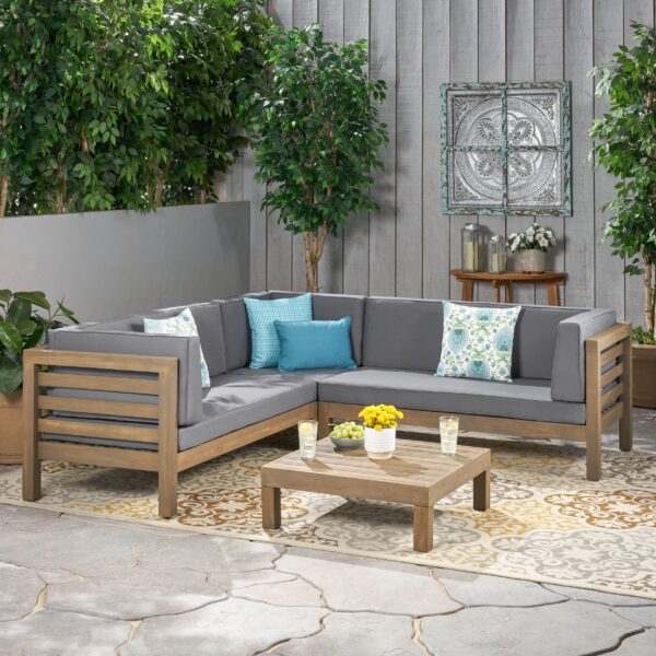 4 Piece Outdoor Wooden Sectional Set w/ Dark Grey Cushions - NH811992 - Image 9