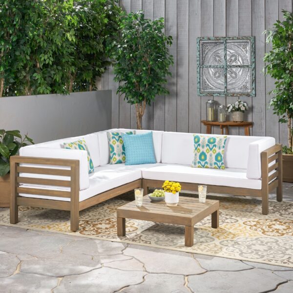 4 Piece Outdoor Wooden Sectional Set w/ Dark Grey Cushions - NH811992 - Image 7